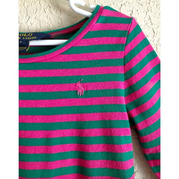 POLO RALPH LAUREN Girl's 6 Peplum Top Striped Green Pink Pony Logo Chest 24" - Picture 4 of 7